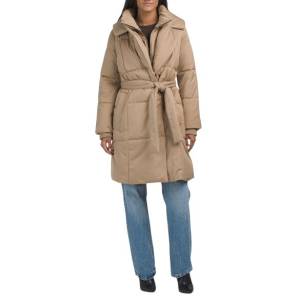 ANNE KLEIN Khaki Long Belted Stretch Puffer Jacket With Bib - Picture 1 of 3